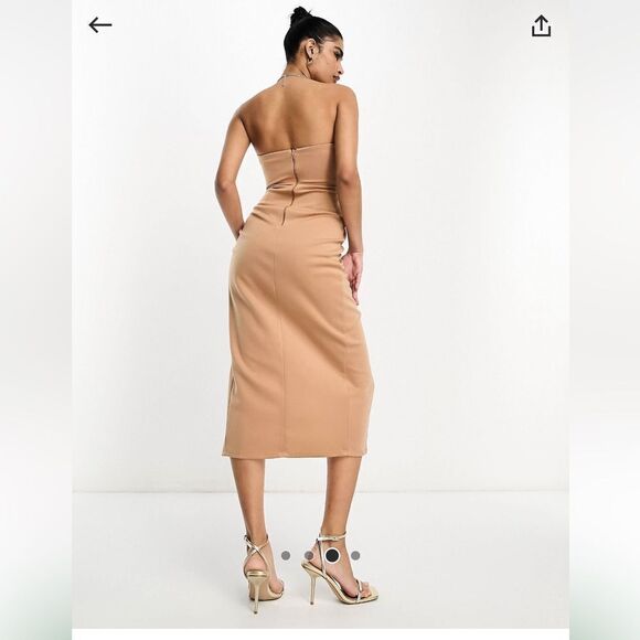 ASOS Design Cupped Bandeau Manipulated Pleat Midi Pencil Dress in Caramel NWT - Picture 3 of 8
